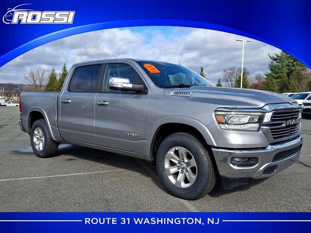 2022 RAM 1500 Laramie 4x4 Crew Cab 5'7" Box in Billet Silver Metallic Clearcoat — front three-quarter view