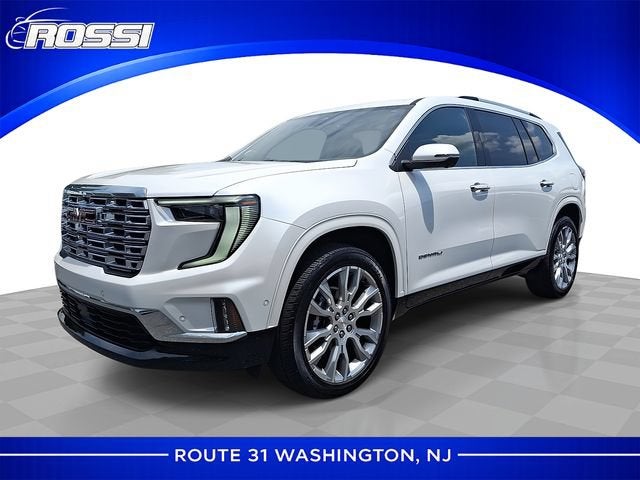 2025 GMC Acadia Denali in White Frost Tricoat — front three-quarter view